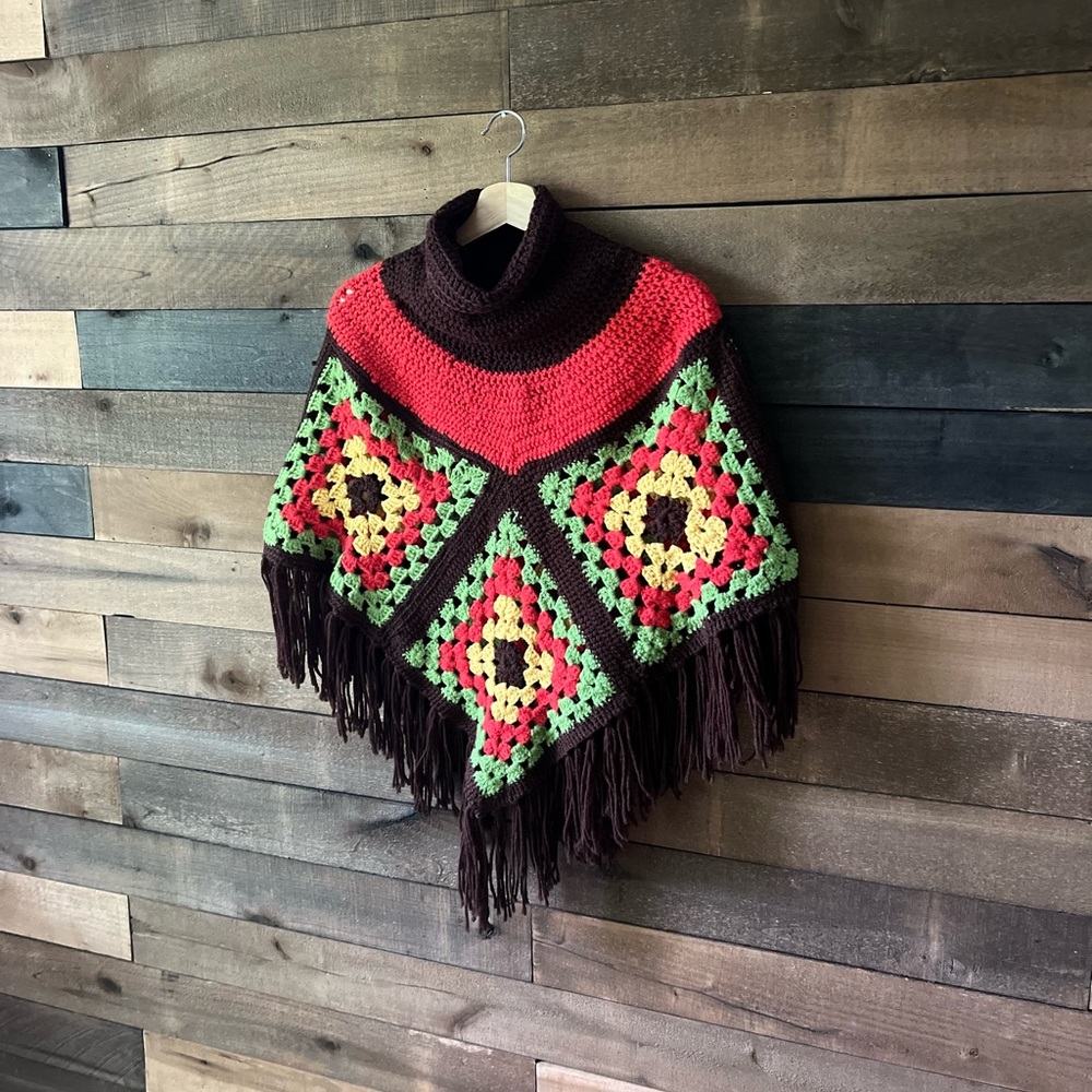 Vintage Handmade Crochet Granny Square Poncho with Fringe - Picture 2 of 8